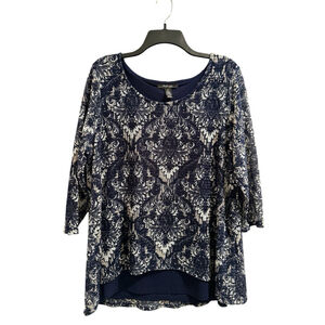 Style & Co Floral Tunic Fully Lined Womens 1X Blue, Tan & White 3/4 Sleeves